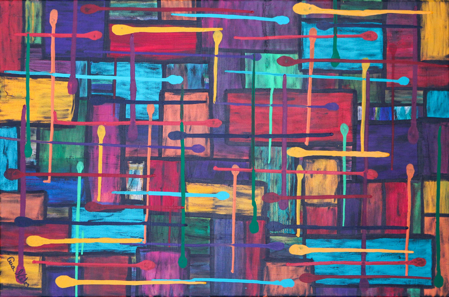 Pintura original que compone el estampado, hecho por la artista poblana Ana Vélez. Si te interesa adquirir la obra, contáctanos por WhatsApp.